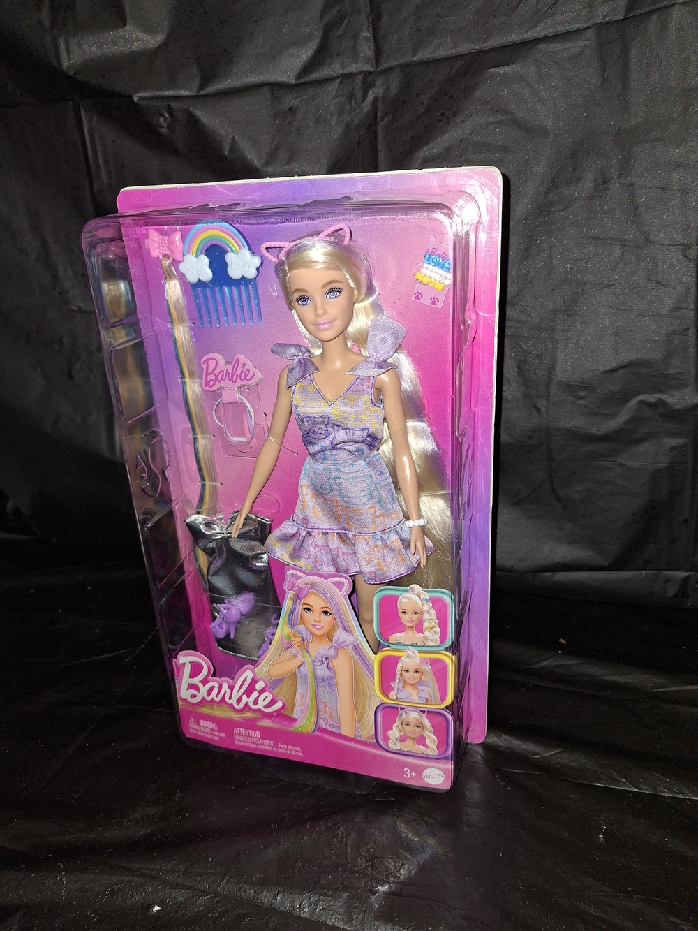 Barbie Fun & Fan Doll in Lavender and Pink Patterned Dress with Cat Ear Headband